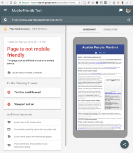 AustinPurpleMartins.com Mobile Friendliness Results