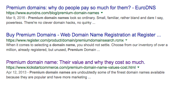 Google Search Results for Premium Domain Names